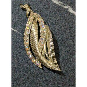 Vintage Gold Tone Leaf Brooch With Aurora Borealis Rhinestones Elegant Sparkle P